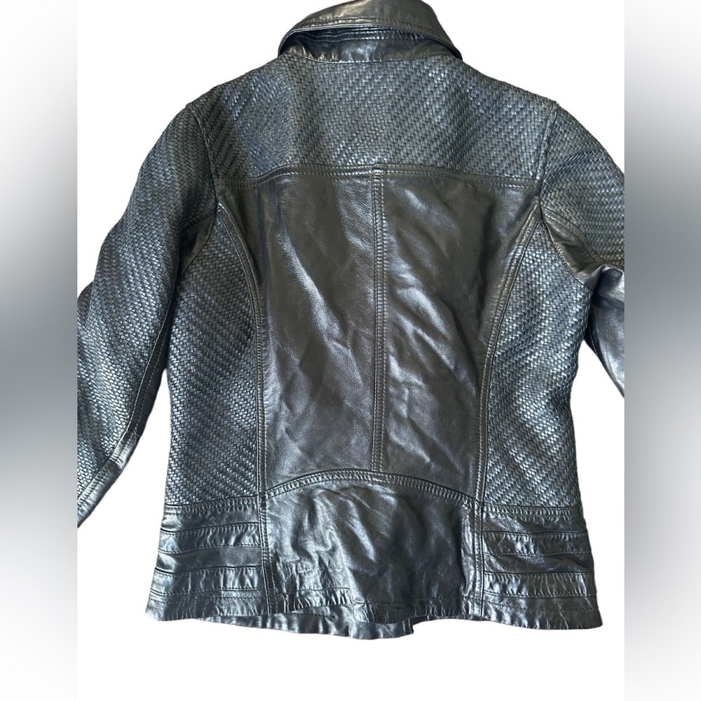 D73 Black Leather Biker Jacket Woven Leather Women’s Size M - Picture 4 of 15